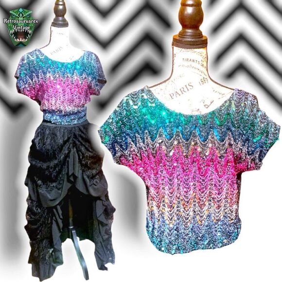 Vintage 1970’s Mermaid Era Taylor Swift Metallic Sequined Crop Top Blouse, Large - Picture 1 of 11